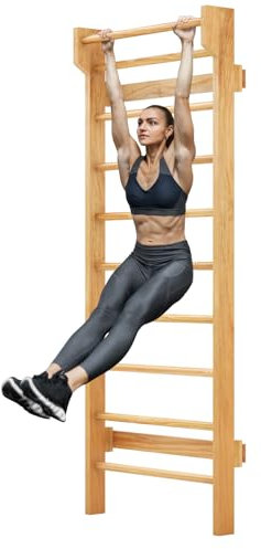 GYMAX Sprossenwand Kiefernholz 195 x 80 x 14 cm, Indoor Kletterwand Turnwand für Kinder & Erwachsene, 100 kg belastbar, Gym Klettergerüst inkl. Montagematerial, für Gymnastik, Fitness, Physiotherapie