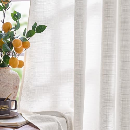 jinchan White Linen Textured Curtains 90 Inch Long 2 Panels for Living Room Grommet Top Light Filtering Window Drapes for Bedroom