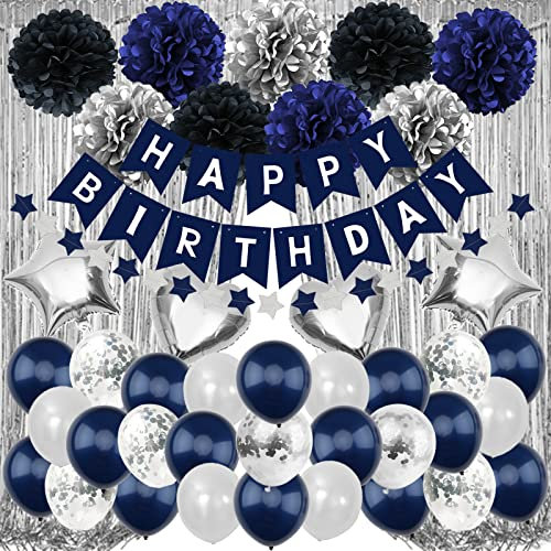 Recosis Birthday Decorations for Men, Navy Blue Birthday Party Decorations for Men Women Boys Grils, Happy Birthday Banner Pompoms foil Balloons Curtains for Birthday Party Decor Suit