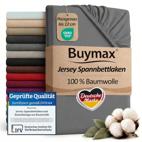 Buymax Topper Spannbettlaken 200x200 cm Spannbetttuch 100% Baumwolle Jersey für Matratzentopper bis 12 cm Matratzenhöhe Bettlaken für Boxspringbett Topper, Anthrazit-Grau