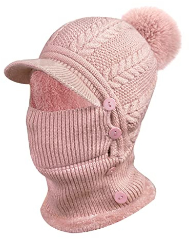 Varm stickad mössa för kvinnor, flexibel mössa med halsskydd, kant, justerbar ansiktsmask, mjukt foder för utomhussport, rosa, M