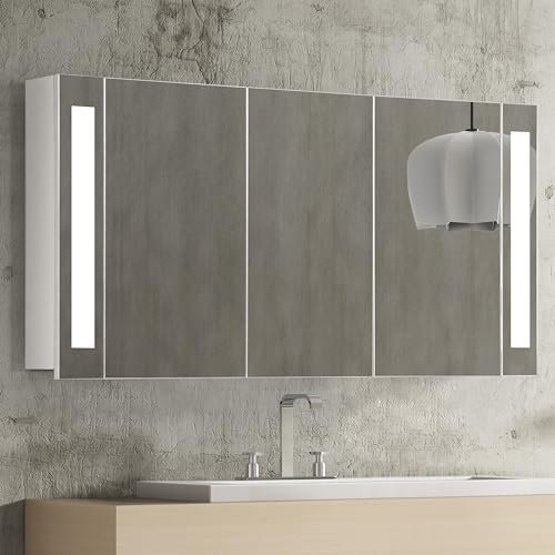 HAPA Design Spiegelschrank 120cm. Einfache Montage, in der EU produziertes Qualitätsprodukt, seitlich integriertes LED Licht, Steckdose und Schalter, weiß