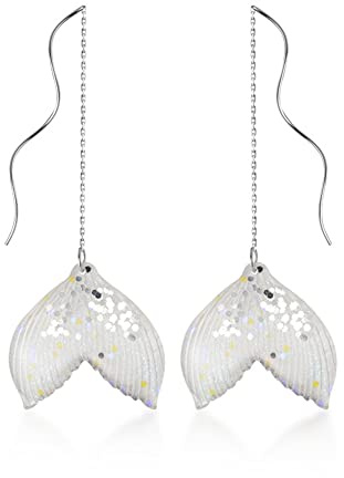 Boucles d'oreilles pendantes délicates en forme de queue de sirène pour femmes et filles en argent sterling 925 avec paillettes acryliques en forme de queue de poisson, Métal, Nouveau