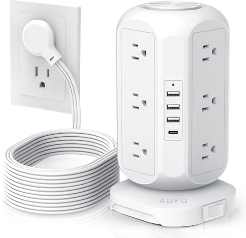 15 ft Long Extension Cord Power Strip Tower,AOFO Surge Protector 12 AC Outlets 4 USB(1 USB C) Ports, Charging Tower Overload Protection with Multiple Outlets for Home Dorm Office
