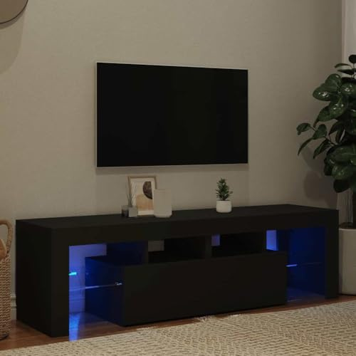 homiuse Meuble TV avec Lumières LED Noir 140x36,5x40 cm Bois d'ingénierie Support de TV Espace de Stockage Suffisant Meuble HiFi Table TV Meuble Télévision pour Salon Chambre Armoire TV