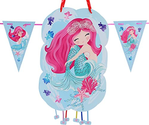 Piñata für Kindergeburtstag, Meerjungfrau, Mädchen, perfekt zum Befüllen mit Süßigkeiten und Spielzeug, Dekoration, Flaggengirlande, 2 m (Sirena)