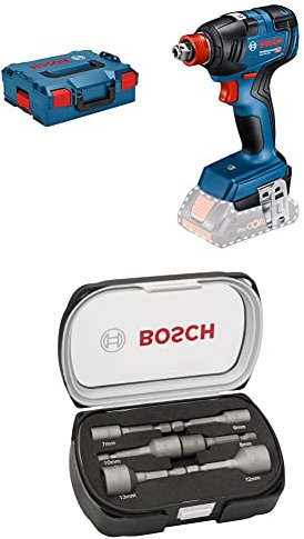 Bosch Professional 18V System Akku Drehschlagschrauber GDX 18V-200 (max. Drehmoment 200 Nm, ohne Akkus und Ladegerät, in L-BOXX 136) + 6tlg. Steckschlüssel-Set für Sechskantschrauben