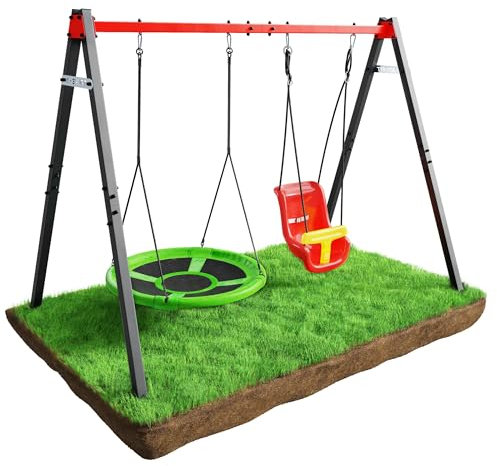 K-Sport: Schaukelgestell Outdoor I Doppelschaukel Metall mit Nest- und Babyschaukel I Schaukelgestell bis 150kg belastbar I Outdoor Schaukel für Kinder I Garten Schaukelgerüst I Ink. Bodenanker