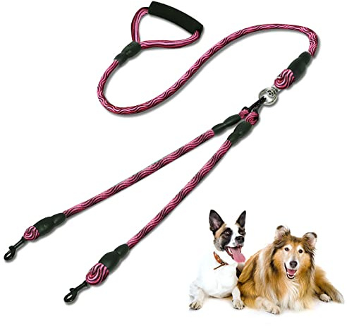 Lvjkes Dubbel hundkoppel, 2 hundkoppel, avtagbart dubbelt hundkoppel trasselfritt bekvämt grepp gångträning för två medelstora eller stora hundar (röd)