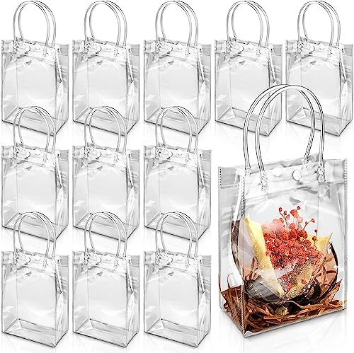 24 Stück Klare Geschenktüten, Wiederverwendbare Tragetaschen aus PVC Transparente Verpackungsbeutel mit Griffen für Einkaufen Hochzeit Geburtstag Babyparty Silvesterparty