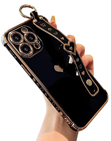 DEFBSC for iPhone 14 Pro Max Case with Wrist Strap, Plating Heart, Black | Cute Side Love Pattern Phone Case with Wristband Finger Holder Stand Soft TPU Bumper Shockproof Protective Cover