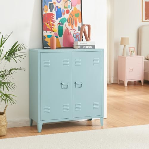 [en.casa] Metallskåp Oripää vardagsrumsskåp 90 x 80 x 33 cm arkivskåp verkstadsskåp med 2 dörrar och en höjdjusterbar hylla gråblå