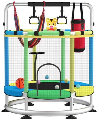 BLINWORLD Trampoline for Kids - 55 Adjustable Baby Toddler Trampoline with Basketball Hoop, Round Bottom Indoor Outdoor Toddler with Enclosure (Light Blue Green)