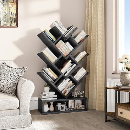YITAHOME Baum Bücherregal, Boden stehendes Bücherregal mit hölzernen Schublade industrielle Regaleinheiten Anzeige Lagerregal für Wohnzimmer, Haus, Büro, Schwarz Bücherregale