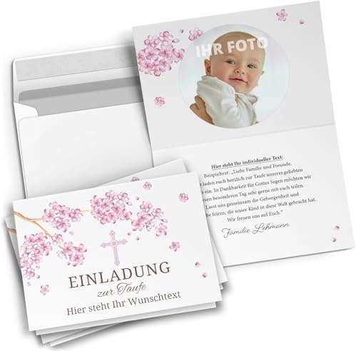 10 personalisierte Taufe Einladungskarten mit Wunsch-Text und Foto | Tauf-Einladungen mit Umschlag Kirschblüte rosa Mädchen Kirche Kreuz