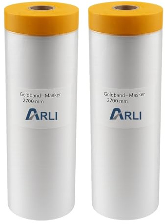 ARLI Goldband Masker 2700 mm x 16 m Abdeckfolie mit Klebeband Malerfolie Baufolie transparent HDPE Folie mit Washi Tape für Abdeckarbeiten im Innen- und Außenbereich (2 Stück/Rollen)