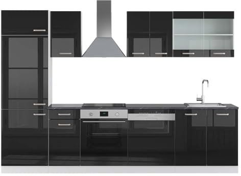Vicco Küchenzeile R-Line, Schwarz Hochglanz/Weiß, 300 cm | 8 Module · Höhenverstellbare Füße · AP Anthrazit inkl. · Robuste Fronten · Mit Kühlschrankumbauschrank
