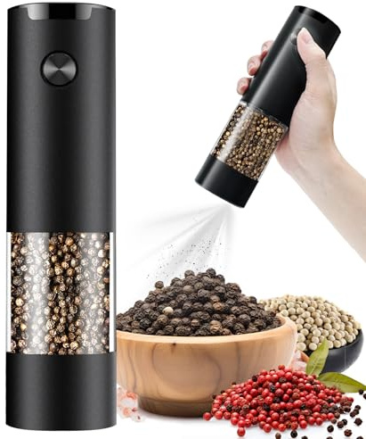 JIDSPWLS Molinillo eléctrico de pimienta y sal, molinillo de sal y pimienta de grosor ajustable, con luz LED, fácil de limpiar, funciona con pilas, funcionamiento con una sola mano, esencial para la