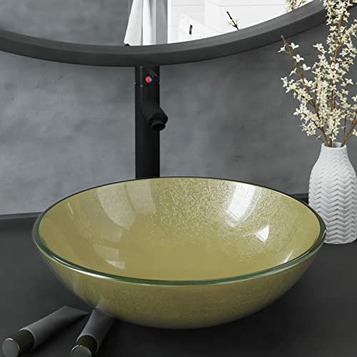 JUDYY Badezimmer Waschbecken mit Wasserhahn und Ablaufgarnitur Gold gehärtetes Glas, Aufsatzwaschbecken, Waschtisch, Aufsatzwaschtisch, Wash Basin, Badmöbel, Bathroom Sink 3098460