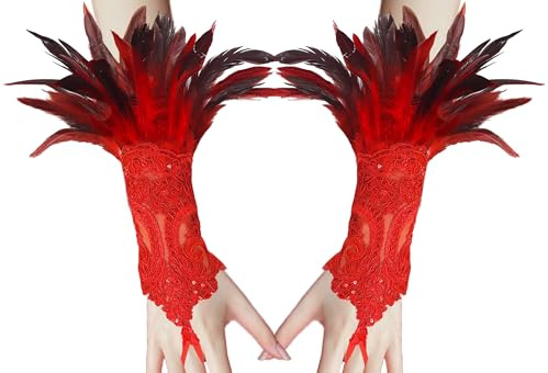 YUNHENTONG Guantes de Plumas Halloween Mujer, Gótico Guantes de Encaje Retro Puños de Plumas Sin Dedos Puños de Plumas para Decoración de Disfraces de Halloween, Fiestas, Bodas (Rojo)
