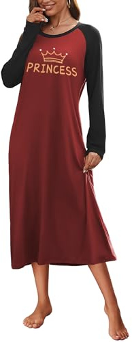 Ekouaer Nachthemd Damen Langarm Nachtkleid Lang Winter Warm Nachtwäsche Damen, Rot, XL