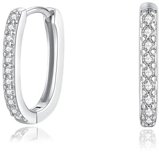 Loutade kreoler silver dam örhängen, 925 sterlingsilver oval kreoler med zirkon, allergivänliga geometriska silver huggie-örhängen, sova brosk örhängen silver 925 kreoler till jul, 10mm x 15mm, Kubisk