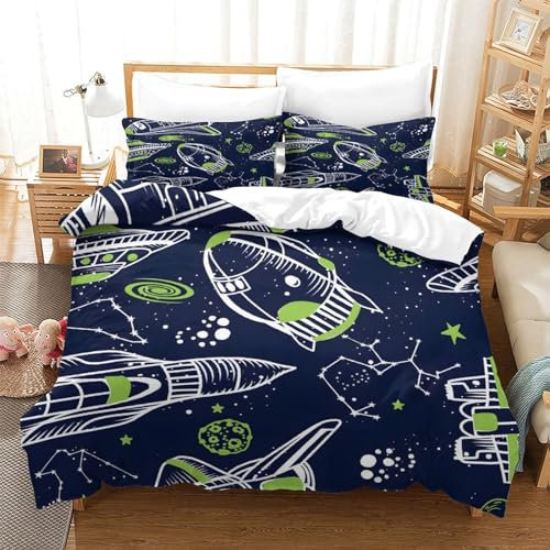 Weltraum Raketen, Planeten, Sterne 3D Gedruckter Bettbezug Set Bettwäschegarnitur Mädchen Junge Kinder Bettwäsche Und Kissenbezüge Reissverschluss Weich Microfaser 3 Teilig Single（140x200cm）