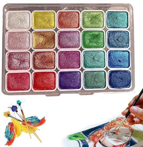 Mzzsveuy 20 Colors Shifting Watercolors Painting Set, Shimmer Metallic Watercolor Paints Set, Colourful Painting Kit Model Metallic Pearlescent Watercolor Paint for Art Paintings (A)
