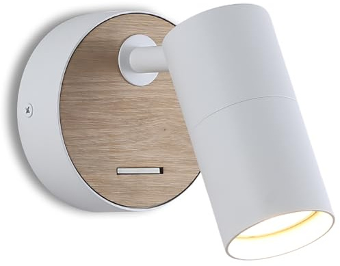 WoodBee Light Verstellbare weiße Aluminium-Wandlampe mit Holz GU10 Wandspot Leselampe mit Schalter Innen ohne Leuchtmittel