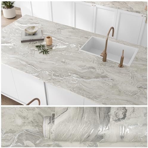 VEELIKE Papier Peint Marbre Argent Beige Mat Papier Adhesif Marbre Gris Argenté Épais 40 cm x 300 cm Revetement Plan de Travail Cuisine Comptoirs Salle de Bain Table Toilette Mural Lavable Amovible