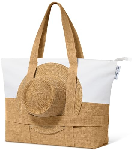 Reiseresa Grand sac de plage pour femme avec fermeture éclair et sangle porte-chapeau, sac de natation imperméable, Beige tissé, Large