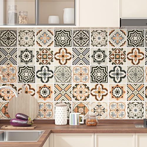 Yullpaper Selbstklebende Tapete Beige Orange Küchenfolie Selbstklebend Boho Mustertapete Klebefolie für Schrank Tapete Badezimmer Wasserfest Möbelfolie Selbstklebend Tapeten Wohnzimmer 40cm x 200cm