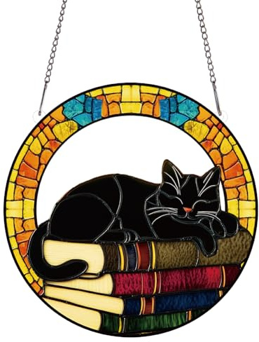 PLIGREAT Libro gato acrílico atrapador solar ventana arte arte colgante adorno lindo arte pintado artesanía atrapador de sol para jardín casa interior exterior decoración colgante regalo de