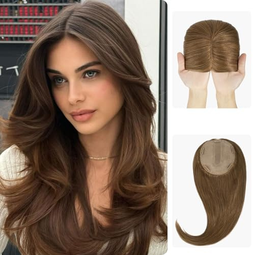 Zakya Echthaar Topper Damen - 15,2X16,5CM Basis Haartopper für Frauen - Toupet Damen 130% Dichte - 16 Inch Haarlänge - Mittellichtbraun 6#