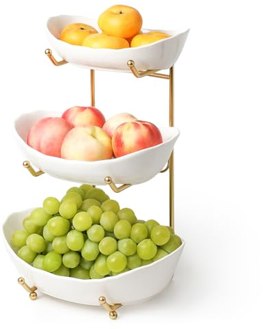 Kanwone Fruit Bowl for Kitchen Counter - 3 Tier with No Assembly Gold Stand & White Ceramic Bowls, Tiered Fruit Basket for Storage, Vegetables, Cake Display, Party Serving & Home Decor