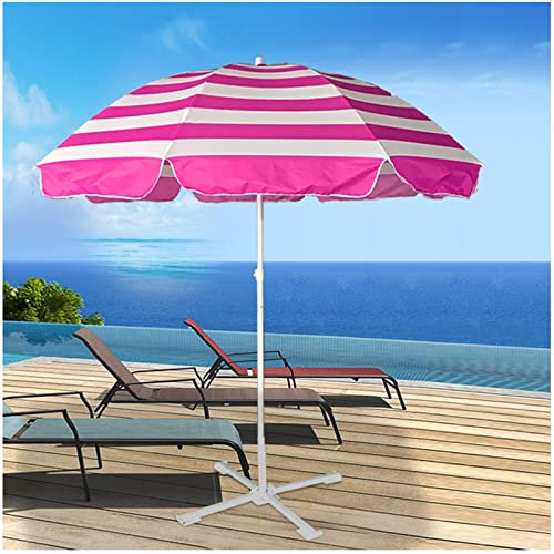 CRBUDY Parasol de Plage Rond de 220 cm (7,2 pi) avec 8 Baleines et mât en Fer, Protection Solaire UV50, pour café, Piscine et Balcon (Rayures Roses)