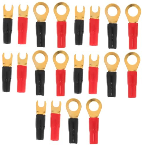 KONTONTY 8ga Yellow Brass Insulated Ring and Fork Crimp Terminals, 10-pair Electrical Connectors for Car Audio Wiring, Heat Shrink Wire Connectors Compatible Speaker and Radio Power Cables