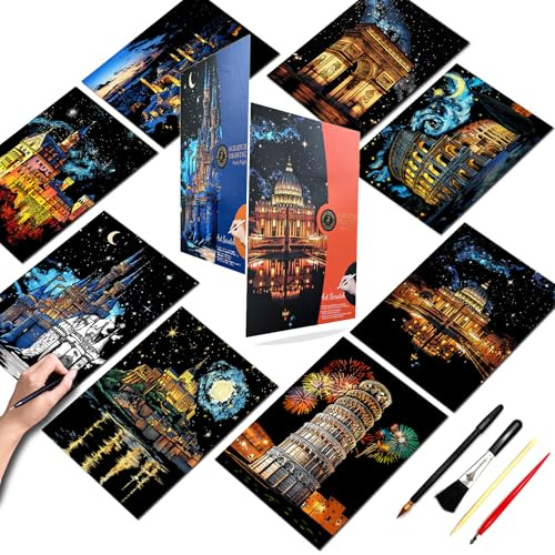 Kratzkunst für Erwachsene und Jugendliche, Laser-Kratzmalerei-Bastelset (8 Blatt, 40,6 x 27,9 cm), Foliengravur, Kunst-Set, Stressabbau, Geschenk für Reiseliebhaber, Bastelliebhaber, Kratzmalerei