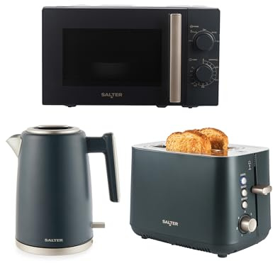 Salter Marino Kettle, Toaster & Microwave Set – 3KW Rapid Boil Cordless Kettle with Auto Shut-Off, 2-Slice Toaster with High-Lift Eject & Defrost/Reheat/Cancel, 20L 950W Microwave with 5 Power Levels | Cordless kettle with auto shut-off & boil-dry protection, 2-slice toaster with 7 browning levels, 800W microwave with defrost
