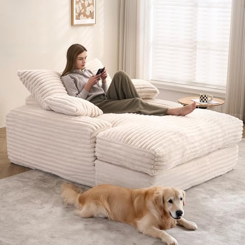 DEKKETO Cord Oversize Cloud Couch Sofa mit 4 Kissen, ohne Montage, Beige | 26 cm breite Armlehnen, einteiliger Schaumstoff, 175 x137x63 cm, 225 kg Tragkraft, Schlafcouch für Wohnzimmer, Gästezimmer
