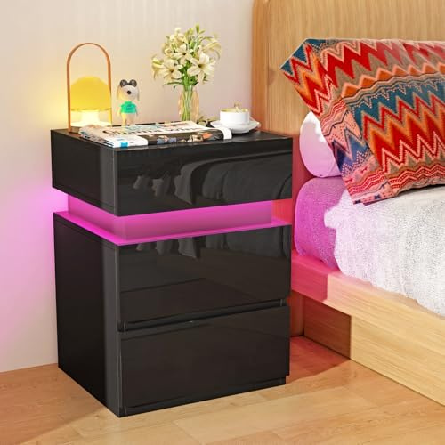 EXSELTMAN Nachttisch mit Beleuchtung, Einstellbare 16 Farben, Schrank mit geheimfach, 2 Schublade, Nachttisch mit led, Versteckte Schiebeschränke