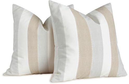 Brylleii 2er Set Kissenbezug Weiss Gestreift Muster 40 x 40 cm Creme Grau Kissenbezüge Moderne Leinen Dekorative Kissen Vintage Sofa Kissenhülle für Wohnzimmer Couch Outdoor Waschbar Bezug