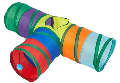 Giocattolo per gatti arcobaleno, tunnel pieghevole per gatti, multicolore a righe con accenti verdi, giocattolo interattivo per animali domestici