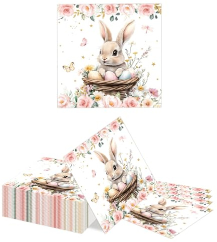 Kotkiddy 40 Pièces Serviettes en Papier Thème Lapin de Pâques Jetables Rose Fleurs et Papillons Design Serviettes Lapins Oeufs de Pâques pour Découpage Fête Dîner Mariage