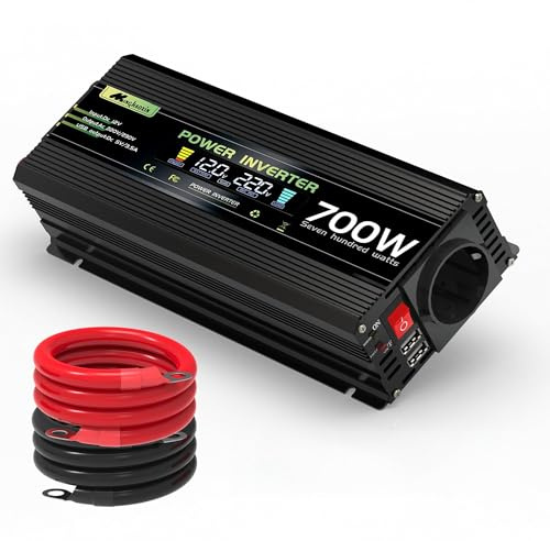 Onduleur de 700 W Capable de convertir du Courant continu 12 V en Courant Alternatif 230 V. Équipé d'une Prise européenne, de Ports USB et des câbles Correspondants.