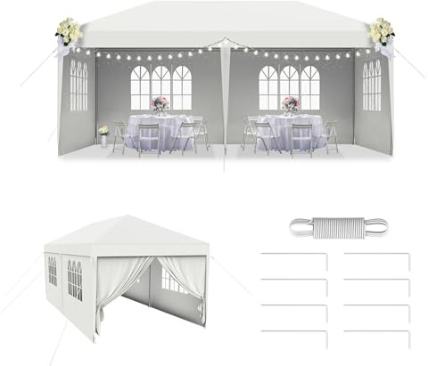 LZQ Tonnelle de Jardin - 3 x 6 m - système de Montage à emboîtement - Imperméable - avec fenêtres, Toit et 6 parois latérales - Tente de Jardin d'extérieur pour fête, Camping, marché - Blanc