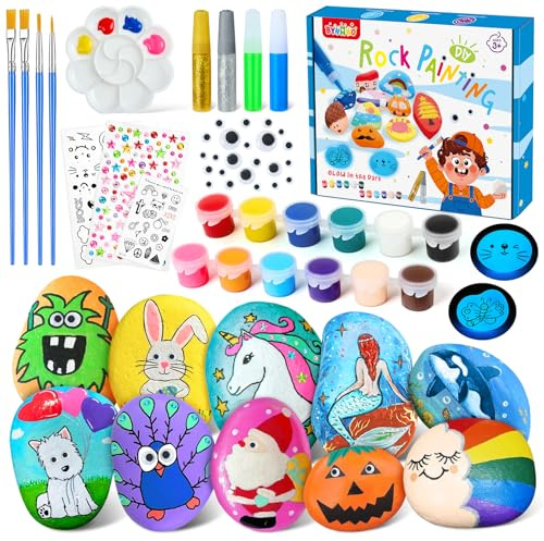 BYHANO Piedras para Pintar, Pinturas Creativas para niños con 12 Rocas, Juego de Pintura de Piedras Que Brillan En la Oscuridad, Manualidades Niños de 3 a 12 Años, Regalo de Cumpleaños Navideño