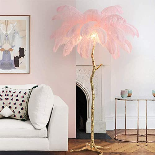 Lampada da terra a LED dimmerabile con paralume in piuma di struzzo naturale, illuminazione elegante per soggiorno, camera da letto e ufficio, ideale per leggere la decorazione della casa e per