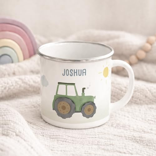 hellomini Personalisierte Emaille Tasse für Kinder, Kindertasse mit Wunschmotiv, Kinderbecher mit Namen, Geschenk zum Geburtstag für Mädchen und Jungs, (Traktor)