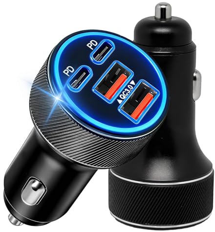 2-Pack Cargador Coche, 4-Puerto USB-C y USB-A Adaptador Movil Mechero | PD90W & QC 3.0, para Phone 17/16/15/14/13/Pro MAX, Google Pixel 10 Pro/10/9a/8, Samsung Galaxy S26 Ultra/S25/S24 FE